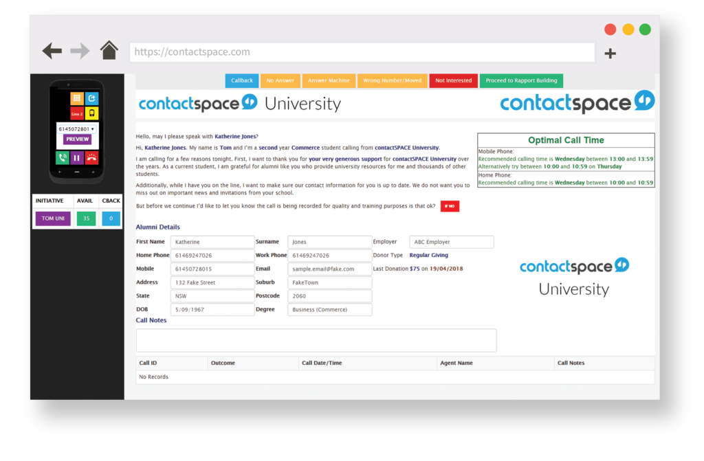 contactSPACE CallGuides example.