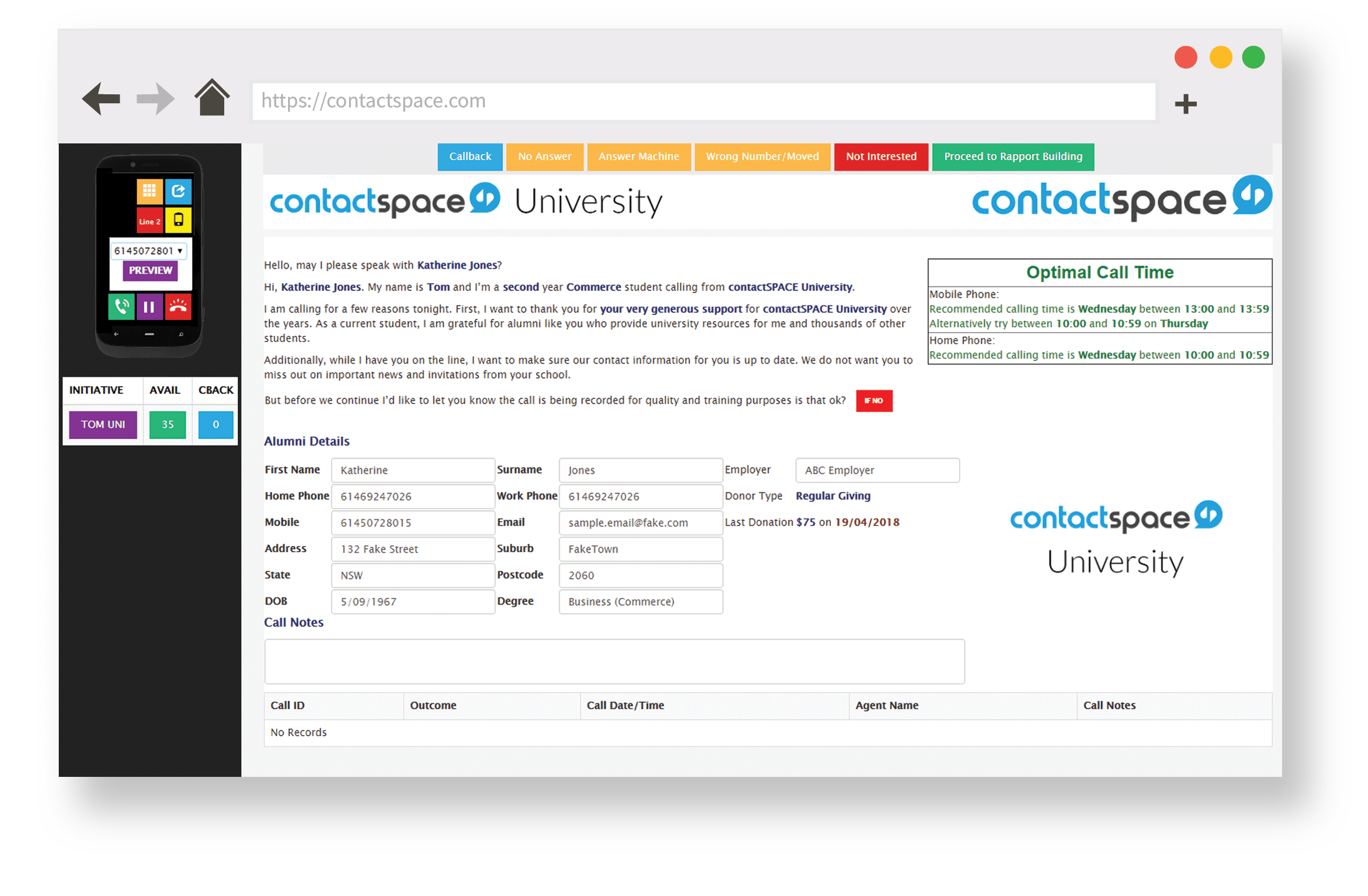 contactSPACE CallGuides example.